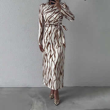 Women's Autumn Round-Neck Graffiti Long-Sleeved Striped Tie Slimming Dress